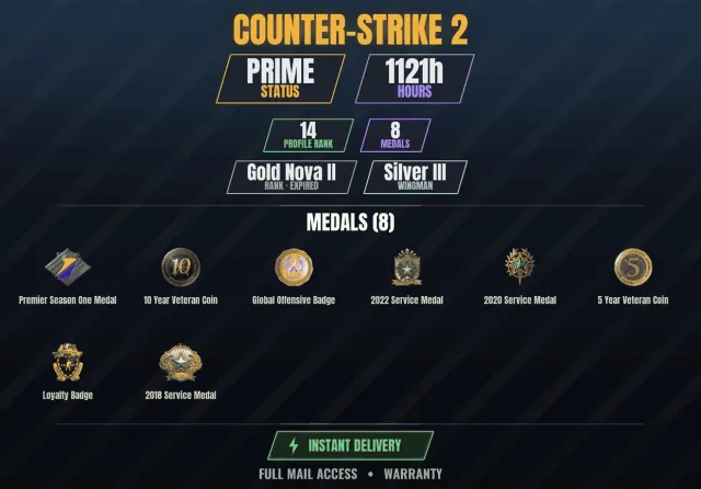 【CS2 Prime🏆1100h🎮8 medals】 Veteran coin 10 years, Service medal 2018, Service medal 2020, Sale, With inventory, Has PRIME