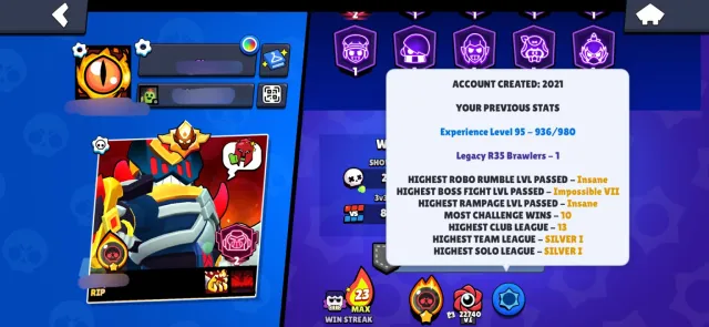 RANK 35 PIN, OLD MASTER, METEOR FAME, Matcherino, RARE PIN AND SKINS, 56000 кубков, 105 бравлеров