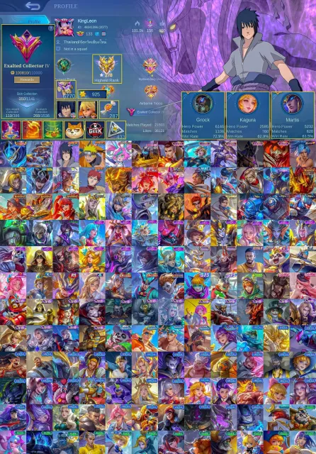 🔥 278 at max, Legendary Gossen, LSS Collector, Sasuke Sue, Naruto Lucas, Sale, Rank: Mythic Immortal, Level: 133, Win Rate: 60%, Heroes: 131, Skins: 350