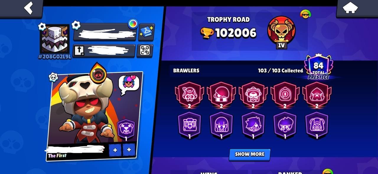 Brawl Stars account: 97,000 trophies, 102 brawlers, 81 primes, trophies 105000, brawlers 104, primes 89