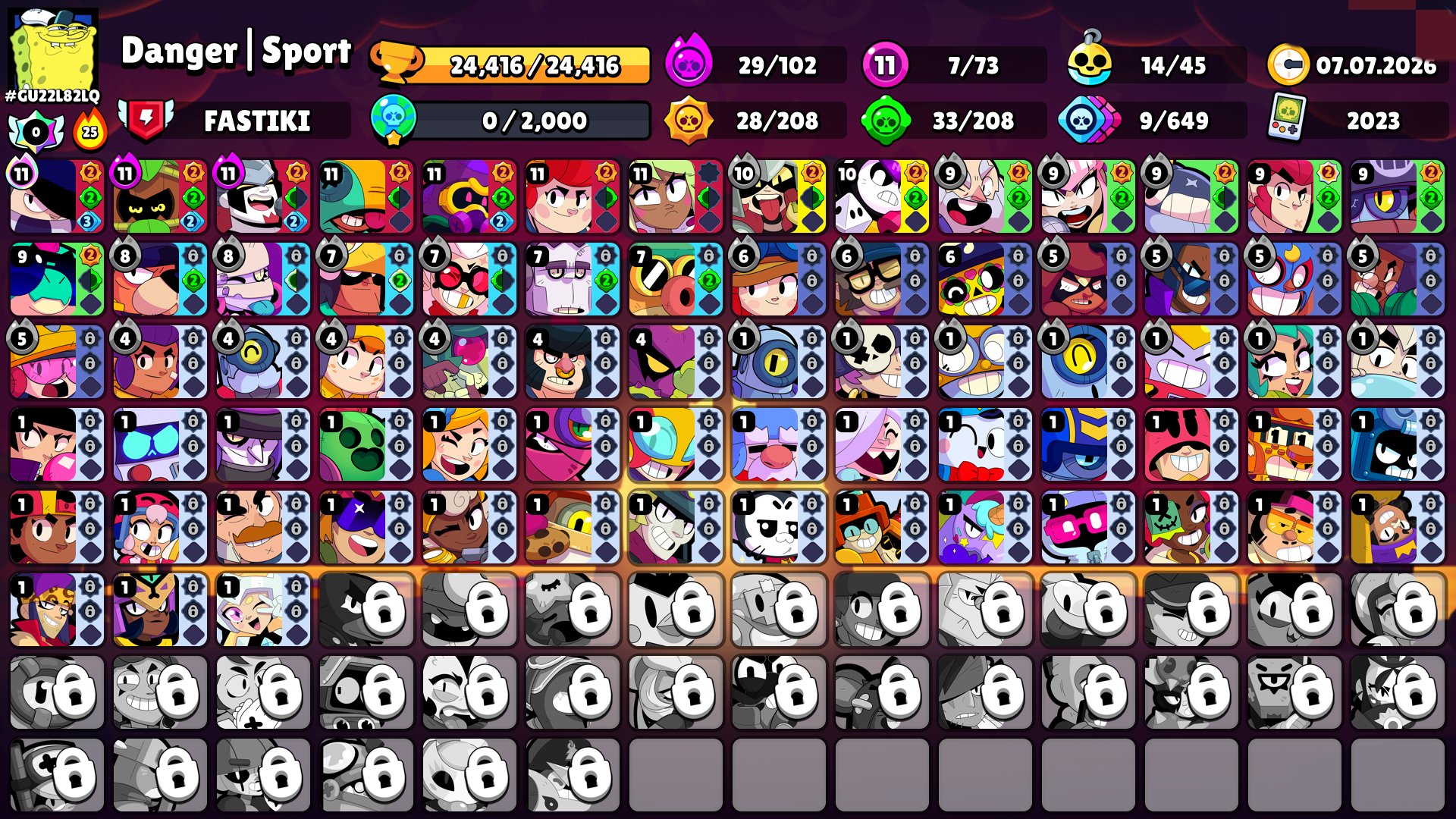 ⚠️[AUTO]💎⭐️🔮24.4k🏆🔮 73/104 BRAWLERS🔮 11 PRIME 🔮2023 YR🥵  106k GOLD 👑 684 GEMS 💎 4 LEG SKINS 🌟, trophies 24000, brawlers 73, primes 11