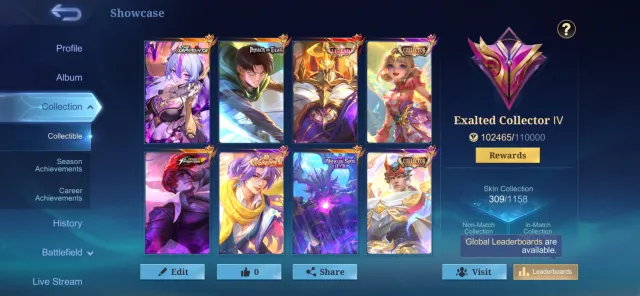⚡ [STACKED MLBB] 309 Skins | Johnson Legend | AoT Levi | KoF Chou + Rare Recalls, Продажа, Ранг: Мифическая слава, Уровень: 56, Процент побед: 48%, Герои: 120, Облики: 309
