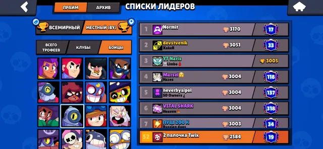 Top 52 place in Belarus on Rico. A lot of skins and top upgrade, 25734 trophies, 79 brawlers, 19 primes