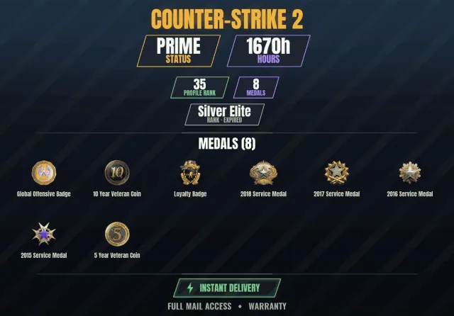 【CS2 Prime🎮1600h💠8 medals】 Veteran Coin 10 years, Service Medal 2015, Service Medal 2016, Sale, With inventory, Has PRIME