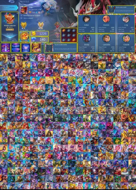 WORLD COLLECTOR 399K POINTS ALMOST ALL KINDS OF COLLAB SKINS🔥LING SEMI SELENA ABYSS LANCE SEMI., Sale, Rank: Mythical, Level: 118, Win Rate: 60%, Heroes: 133, Skins: 717