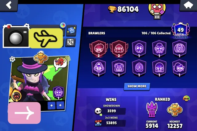 🔥{2018 ACC}PRICE NEGOTIABLE | 86.1K TROPHIES | 35 EXCLUSIVE SKINS | MATCHERINO WINNER PIN + PRO RANK, 86104 кубков, 106 бравлеров