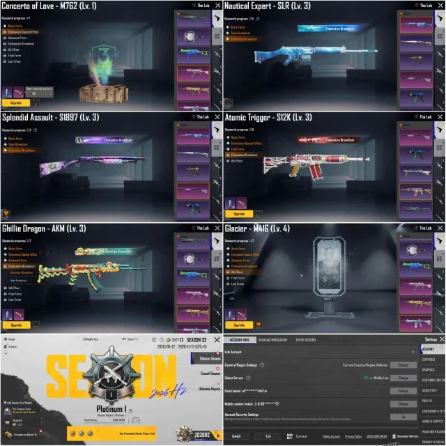 M416 Glacier Lvl 4(KillMsg)Akm Dargon/S12k Lvl 3"S18,SLR (KillMsg)Killing Set"Pool Daica"Cathy Pet, Продажа, 59 уровень, Ранг: Платина, 20+ мифик скинов, 1-9 прокачиваемых оружий, 1-4 килл чатов, Нет спорт каров
