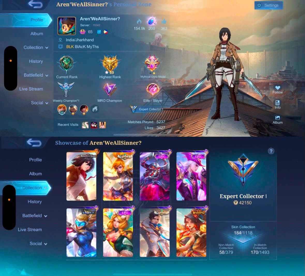 🌹15+ event skins/ dawning/ legend/ coll/ kof/ meteo 0 full/ aot/ Naruto🌹, Sale, Rank: Mythical Immortal, Level: 50, Winrate: 56%, Heroes: 80, Skins: 185