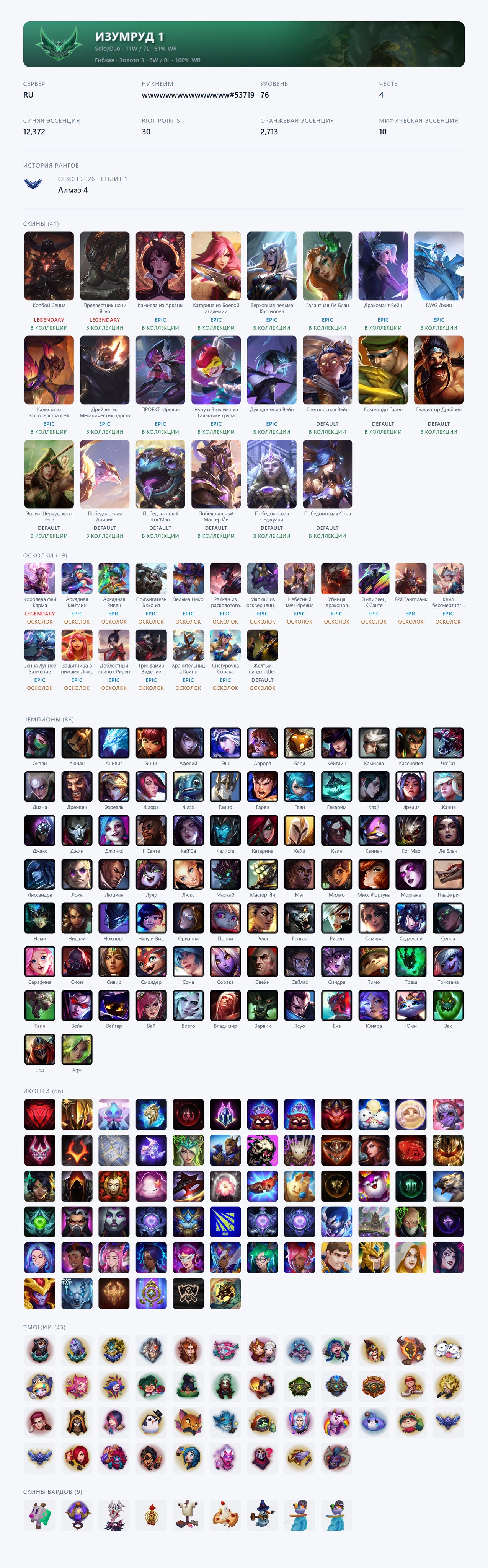 🟥🕗 AUTO DELIVERY ⬜️ Faerie Queen Karma, High Noon Senna, Nightbringer Yasuo 🟥✅ EMAIL ⬜️#RTBK, Sale, level 76, champions 86, skins 41, Emerald
