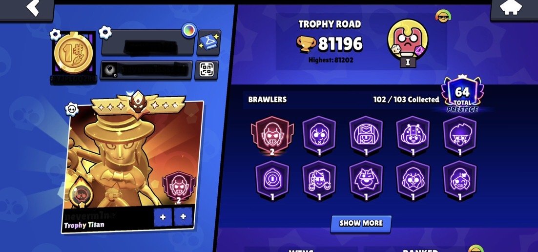 25-35 titan trophy and old account, trophies 82581, brawlers 104, primes 66