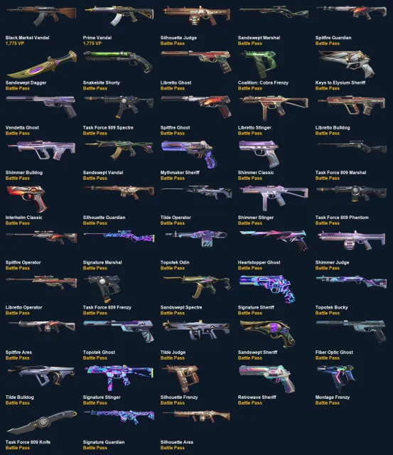 HV25 EU 48 Skins: Black.Market Vandal, Prime Vandal, Silhouette Judge, Sandswept Marshal, Sale, Ranked unlocked, Agents: 24, Skins: 48
