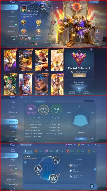 🏆 Legend Johnson 🏆 2 Prime 🏆 Mistbender Nana 🏆 Sanrio 🏆 Kof Leona 🏆 Luckybox Alucard/Freya, Продажа, Ранг: Мифический, Уровень: 87, Процент побед: 47%, Герои: 133, Облики: 389