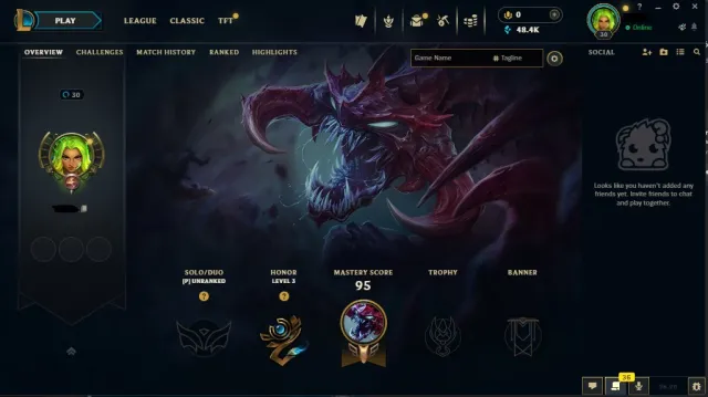 🏆{ EUW} Ranked Ready 10 Win 💎 +50K Blue Essence ✅ 10 Wins, Sale, level 30, champions 7, skins 1, No rank