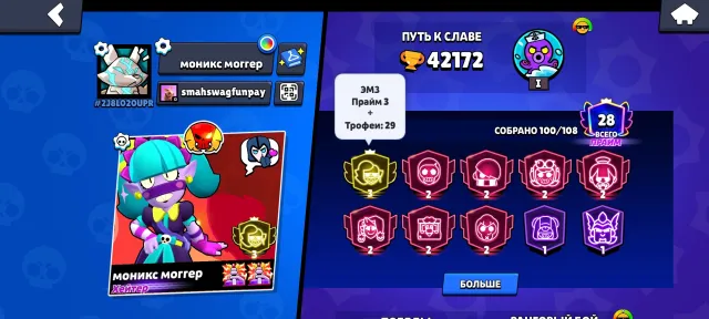 3 prime Emz, 2800 Brock, many fighters and skins, 42172 trophies, 100 brawlers, 28 primes