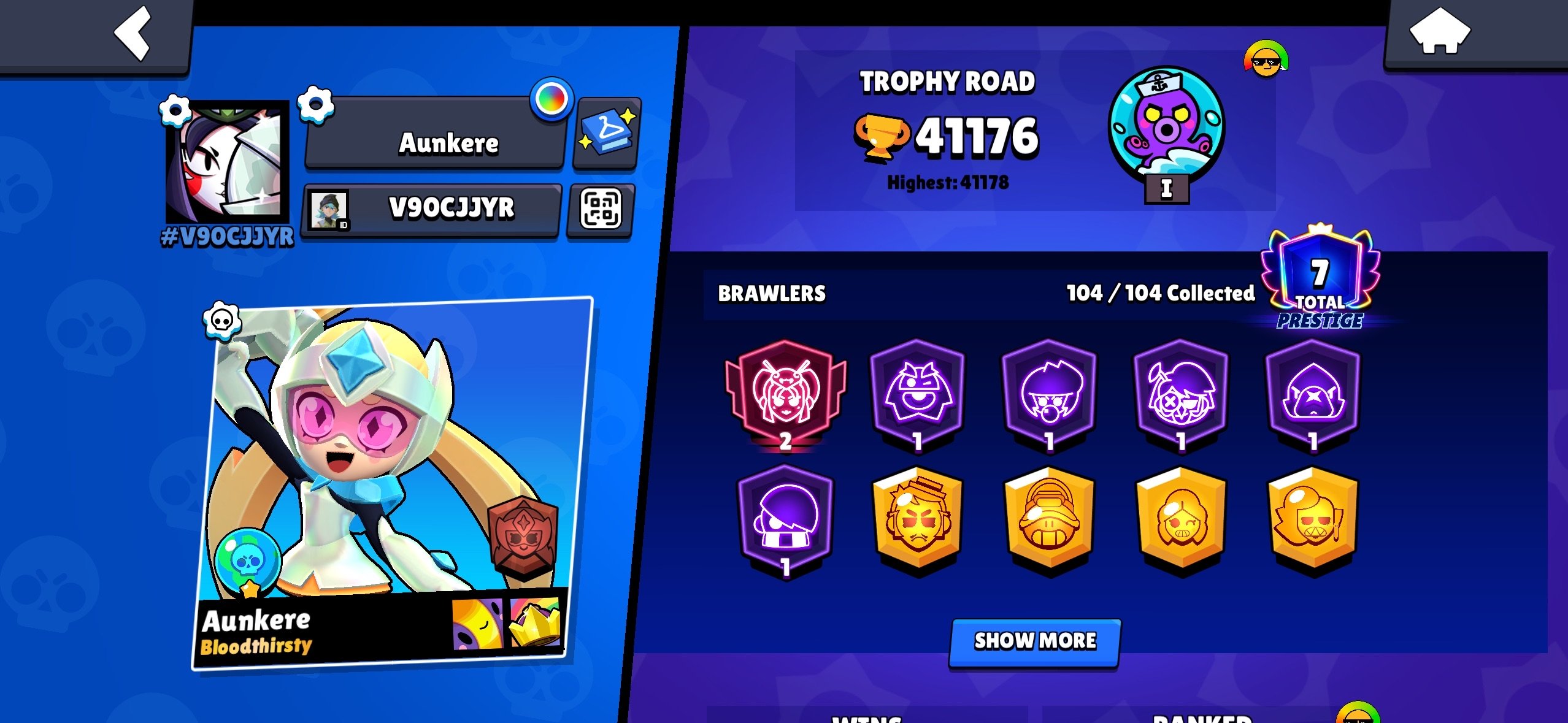 VETERAN ACCOUNTTONS OF SKINSTRYHARD PLAYER, trophies 41176, brawlers 104, primes 7