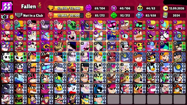 🏆52000🏆❗MINUS GEMS❗👑4 OLD PRESTIGE👑⭐19500 TRIO WINS⭐⚔️40x11 POWER⚔️💵3 BP+💵⭐44 BAFFI⭐🔥x6 LEGENDARY🔥, 52070 trophies, 106 brawlers, 39 primes