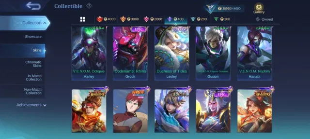 Many very detailed skins in the screenshot, Sale, Rank: Mythic, Level: 65, Winrate: 49%, Heroes: 30, Skins: 20