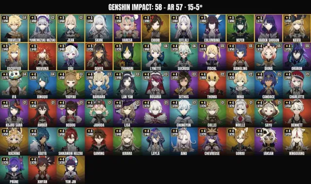 AR 57 👑 58 Characters 👑 15 5-Star👑Skirk👑Varesa👑Yumemizuki, Любая платформа, Почта привязана, Любой, Прокачанный, AR 57