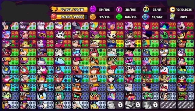 ⭐50 PRIMES (MANY 2 PRIMES)⭐OLD ACCOUNT (2019)⭐MANY LIMITED COSMETIC SKINS⭐DESCRIPTION WRITE⭐, 70000 trophies, 105 brawlers, 50 primes