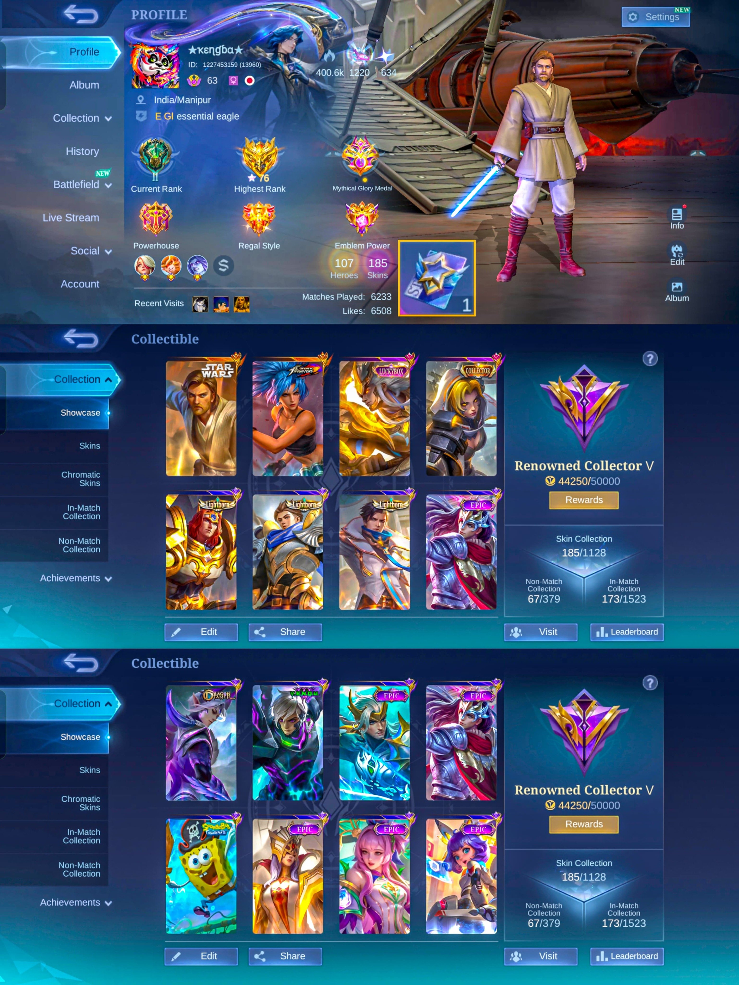 StarWars Alucard, KOF Karina, Luckybox Martis, Free Starlight Card, Global 🔥, Sale, Rank: Mythic, Level: 93, Winrate: 49%, Heroes: 107, Skins: 185