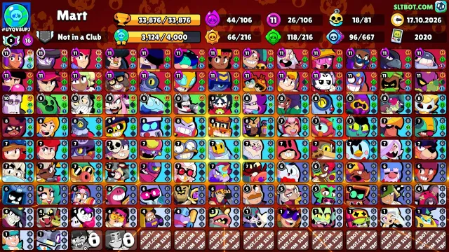 💜 《🏆33,800 CUPS🏆》《👤 106 BRAWLERS👤 》《🌟26x11 POWER🌟 》《💰220+ SKINS💰》《🌟VERY FAT ACCOUNT🌟》💜, 33876 cups, 106 brawlers, 10 primes