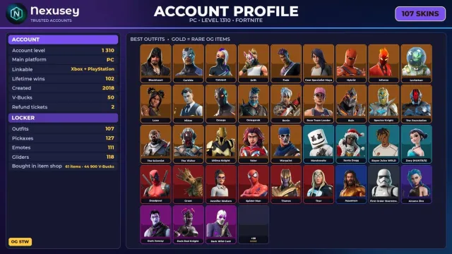 🚀 ⟦ FORTNITE ⟧ OG STW, Ride The Pony, Arcane Jinx ✦ 107 skins ✦ 1310 level ✦ 50 V-Bucks ✨, Sale, skins 107