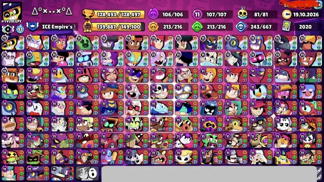 Personal account/fully upgraded/107 brawlers/129k🏆/many skins, 129000 trophies, 107 brawlers