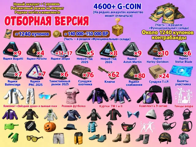 🎫1240 + КУПОНОВ 📦260 +СУНДУКОВ 🪙4600 G-COIN 🔑62 КЛЮЧЕЙ 💰 150 000 BP 👕СКИНЫ, Нет BATTLEGROUNDS Plus
