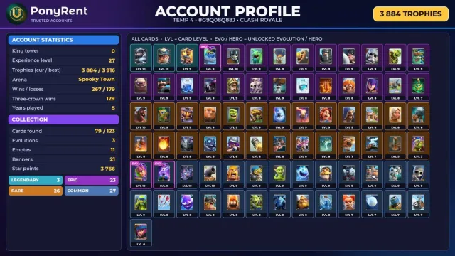 🦄 「CLASH ROYALE」 3 EVO ♡ 0 CHAMP. ♡ 11 EMOJIS ♡ 3 884 🏆 ♡ KING 10 🌸 #4CGM60, 12 arena, 27 level, 3884 trophies, 79 cards, 3 leg, No