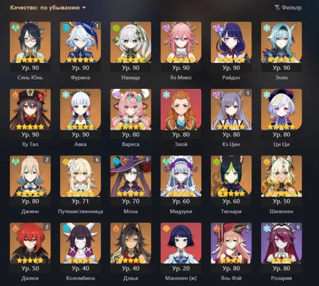 Multi-account Genshin + HSR + ZZZ, GG - girl, number of event characters - 49 + 12 signatures, Any platform, Email not linked, Lumine, Levelled up, AR 58