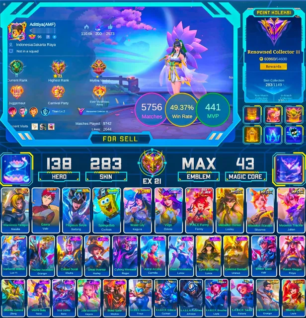 STARLIGHT ANNUAL KAGURA | Hero 138 - Skins 283 | More Details Check Screenshot | Moonton Login, Продажа, Ранг: Мифический, Уровень: 126, Процент побед: 49%, Герои: 138, Облики: 283