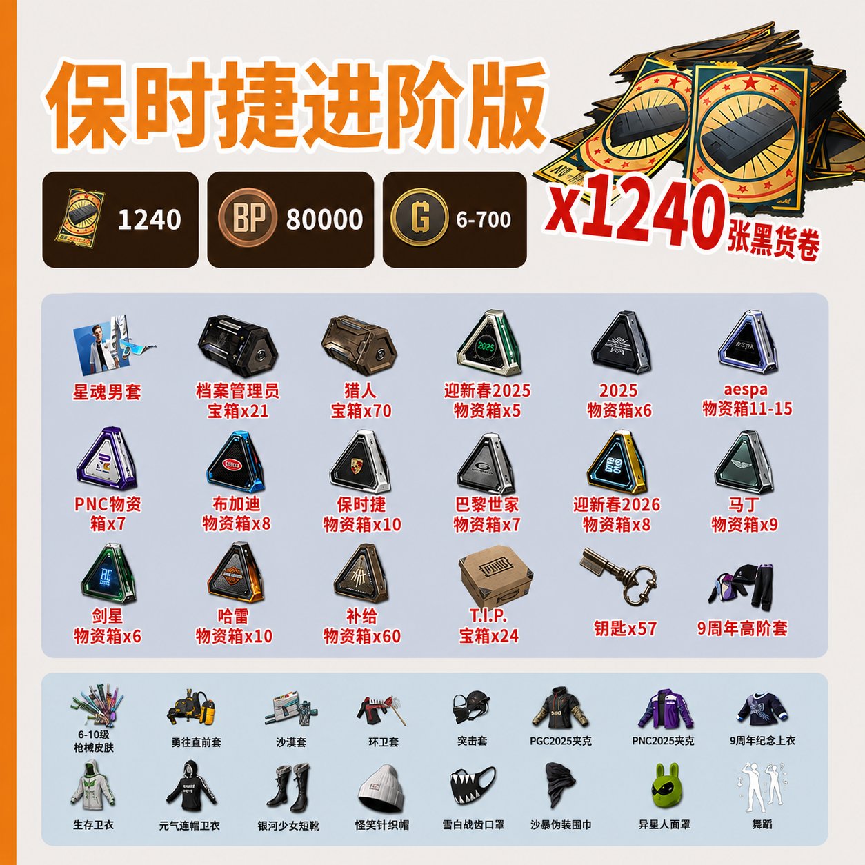 🎫 1240 COUPONS 220 🎁+ CHESTS 🏅 80,000 BP 🗝️ 57 XINGHUN SET 💵 G-Coin keys 🧥: 6–700, No BATTLEGROUNDS Plus