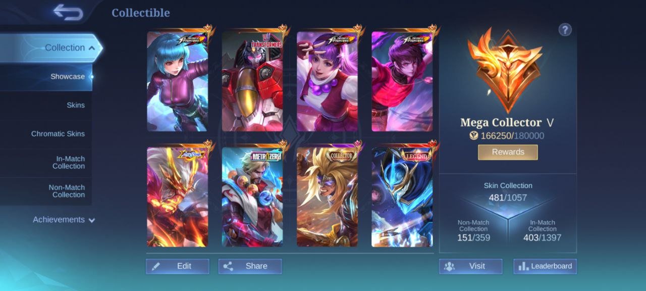 mega collector v➤Legn 2➤KOF 4➤JJK Julian➤levi Martis{metro Roger➤collector2➤Epic recall MC 169, Sale, Rank: Mythic, Level: 145, Winrate: 51%, Heroes: 130, Skins: 481