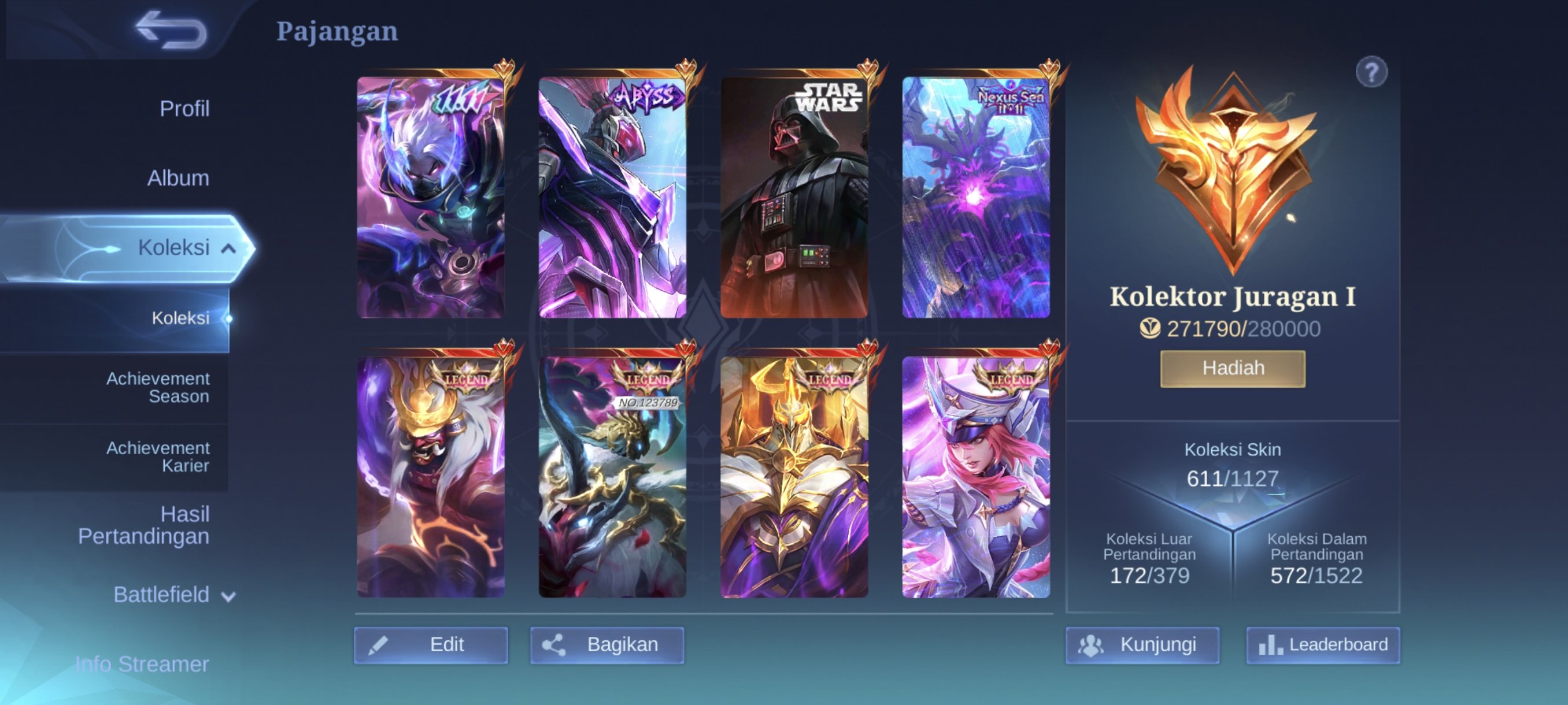 Forrsell mobilegends account Mega 1 colletor, Sale, Rank: Mythical Immortal, Level: 120, Winrate: 52%, Heroes: 130, Skins: 611