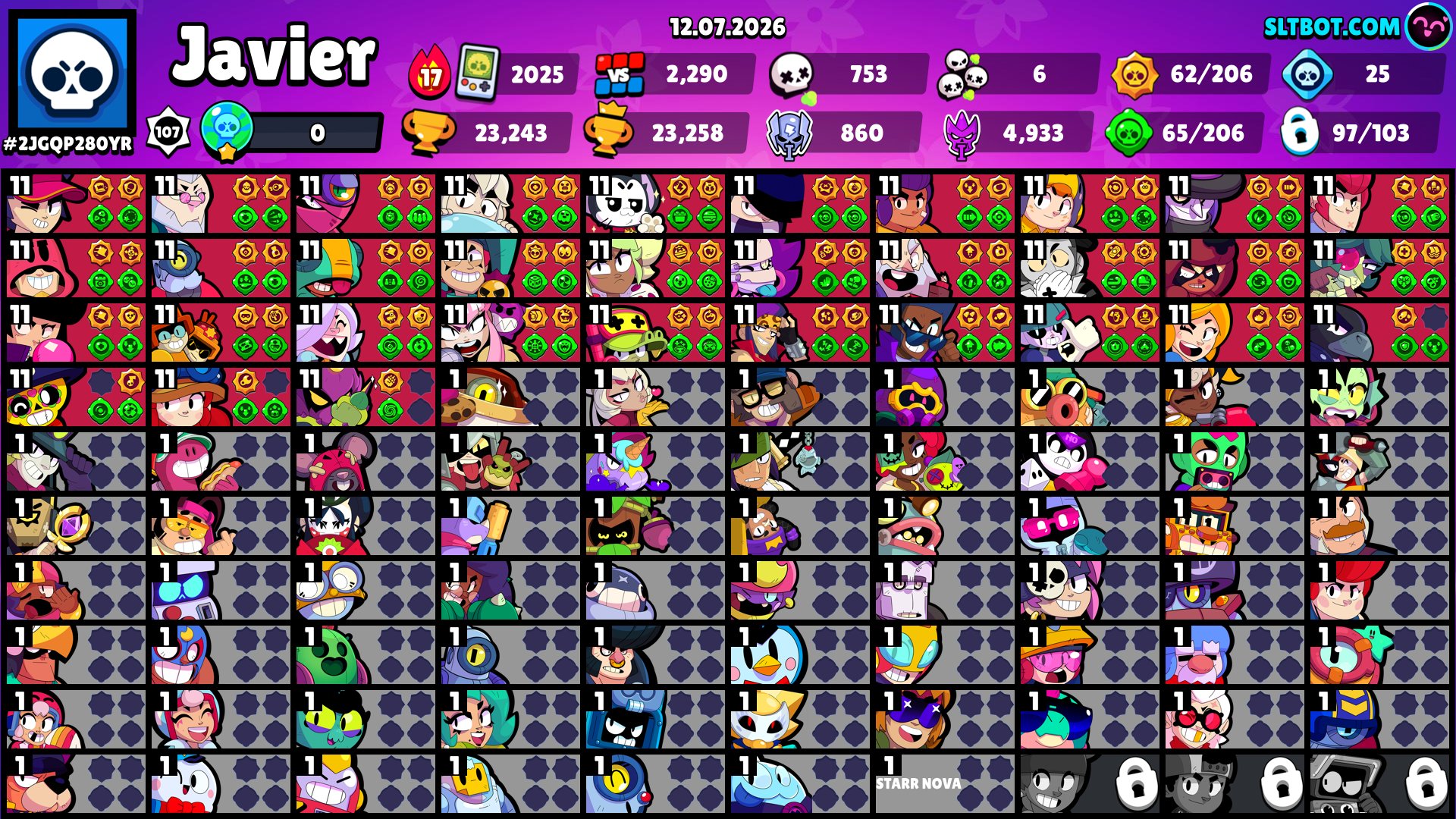 🚼 9 BRAWL PASS PLUS and 1 PRO PASS, 20,000+, 97 BRAWLERS, trophies 23243, brawlers 97, primes 12
