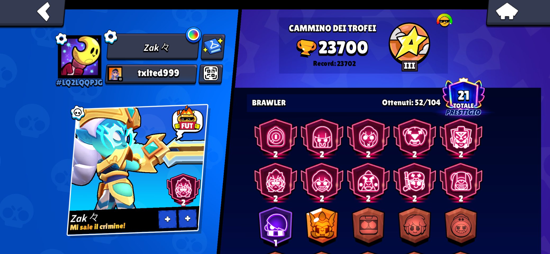 10 primes 2 24k and 120 gems, trophies 23000, brawlers 52, primes 21