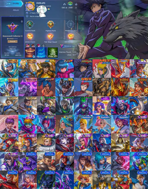 🌌 Ling Collector 👑 Aldous Collector⚡Julian Megumi💀Gusion Minato🌟Moskov Allstar🥋Chou Golden Libra, Продажа, Ранг: Легенда, Уровень: 21, Процент побед: 70%, Герои: 60, Облики: 162