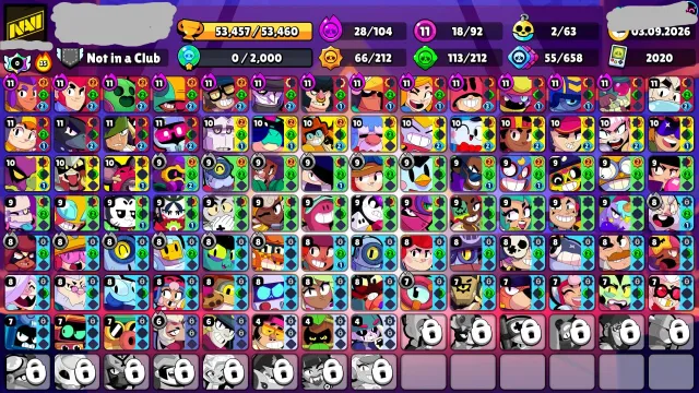 🤍53k🤍92/106🤍18 11 POWER🤍28 HYPER🤍177 SKINS🤍19 TITLES🤍, 53000 trophies, 92 brawlers