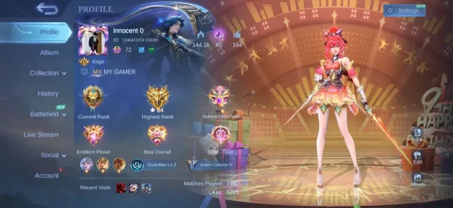 Epic lancelot💥yi sunshin💥valir💥khufra💥terizla💥myth clint💥pegaus badang💥emblem max, Продажа, Ранг: Легенда, Уровень: 72, Процент побед: 50%, Герои: 119, Облики: 168