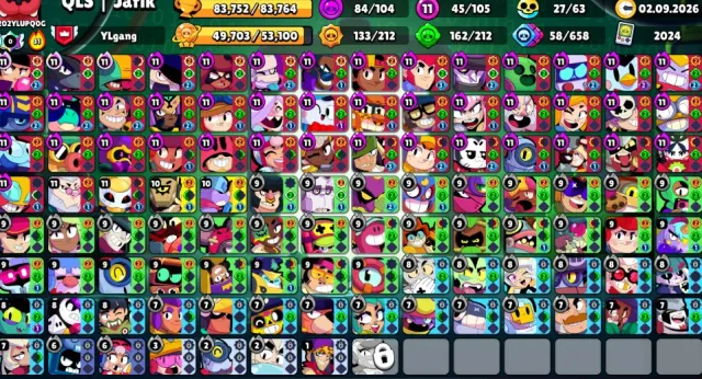 🔥83К🌟105/106🏆45 11 СИЛ🃏УНО ЧЕСТЕР🐙СКВИДВОРТИС🎖️РЕДЧАЙШИЙ ТИТУЛ🍔ЭЛЬ ГУБКА🪐САТУРН III🚀АВТОВЫДАЧА, 83752 кубков, 105 бравлеров, 53 праймов