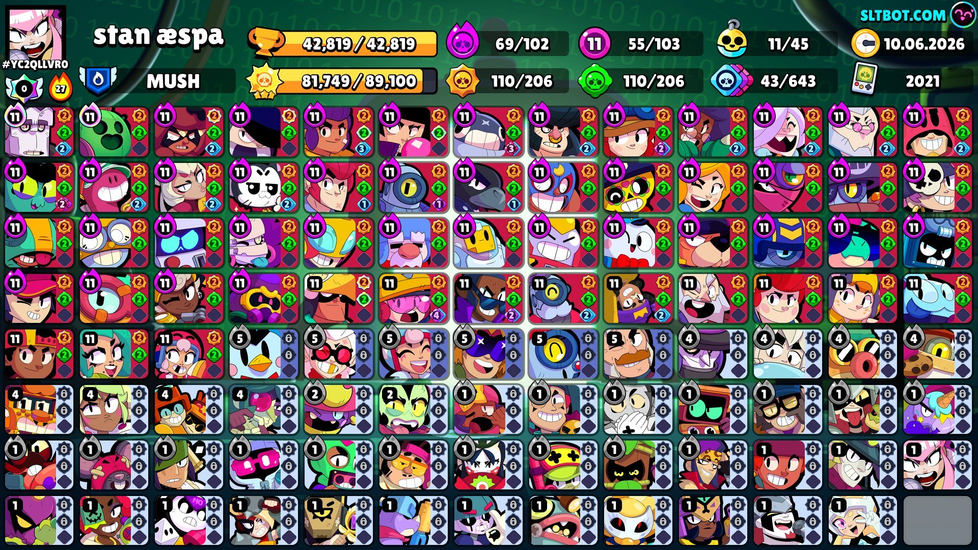 ALL BRAWLERS | 55 FULL | 41 HYPER | 500K GOLD | 180K STARPOINTS | 150K BLINGS | 2K GEMS, trophies 45000, brawlers 104, primes 17