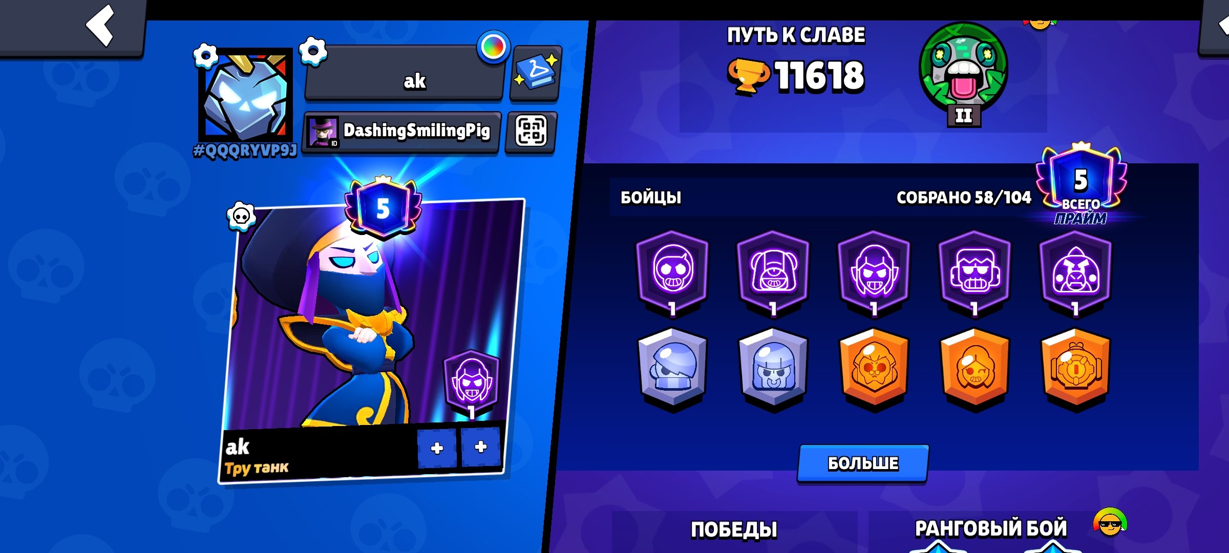Fjfdhnf, trophies 11618, brawlers 58, primes 5