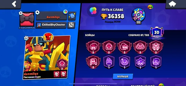 TOP ACCOUNT❤️ 36358 CUPS🔥 30 PRIMES💜 A LOT OF BP SKINS🤔, trophies 36358, brawlers 87, primes 30