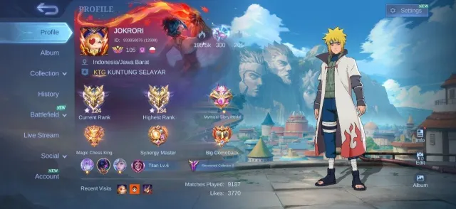 KOF Karina✨Naruto Gusion⚡Deluxe 34 Skin🌟Epic Aurora💎Kagura🎯Epic Recall🏆MC 84 Draw🔮Hero Emblem Max, Продажа, Ранг: Мифический Бессмертный, Уровень: 105, Процент побед: 61%, Герои: 133, Облики: 284