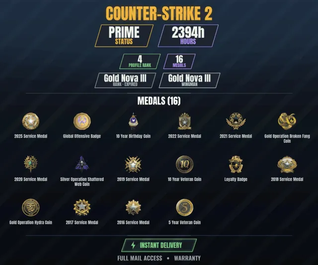 CS2 Prime🎯2300h👑16 medals | 10-year anniversary coin, Golden coin of Operation Hydra, Golden coin, Sale, With inventory, Has PRIME