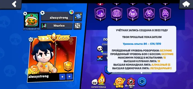 very cool account with legendary in solo, 11k elo in ranked, 63000 trophies, 107 brawlers, 50 primes