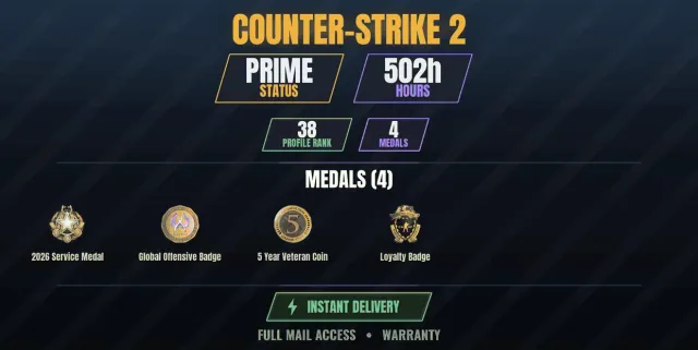 【CS2 Prime🎮502h💠4 medals】 Service Medal 2026, Loyalty Badge, 5-Year Veteran Coin, Global, Sale, With inventory, Has PRIME