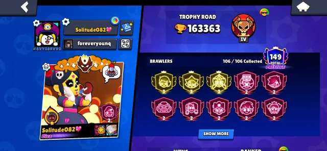 7 times master second master 3 3 prime 160k, 163000 trophies, 106 brawlers, 149 primes