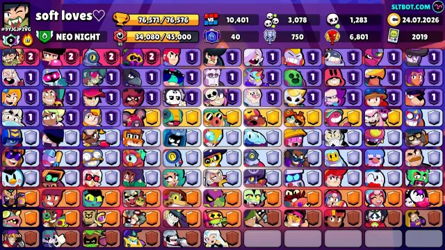 The account is fully charged for a good game, trophies 76000, brawlers 105, primes 40