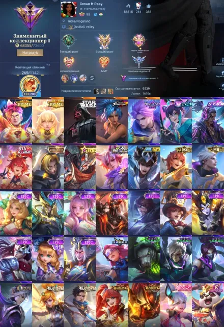 💜526 stars💜StarWars Argus,11.11 Nolan,Prime Beatrice-Cloud,S.T.U.N. Brody,Mworld Wan Wan💜, Sale, Rank: Epic, Level: 98, Win rate: 60%, Heroes: 133, Skins: 265